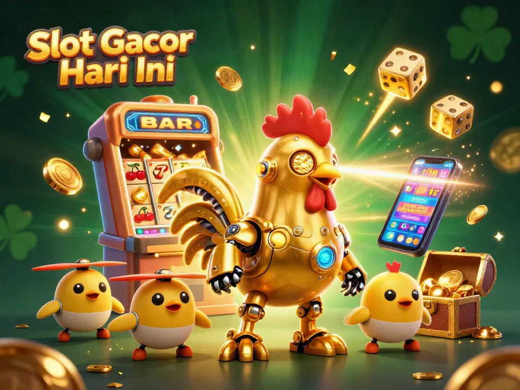 Engage in Slot Gacor Hari Ini with a vibrant, dynamic casino scene featuring a golden rooster robot.