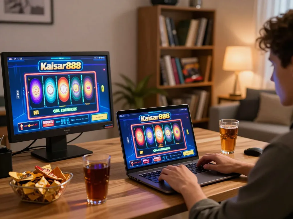 Engaging with kaisar888 online slots while enjoying a cozy home gaming setup with snacks and drinks.