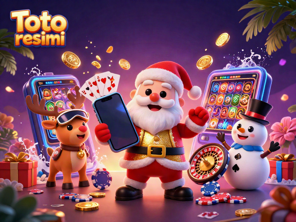 Ilustrasi 3D Toto resmi dengan Santa, rusa, dan manusia salju di kasino dengan smartphone jackpot.
