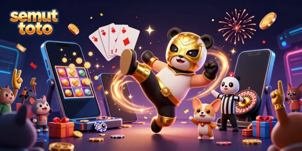 Semut toto menghadirkan pertarungan dinamis di kasino online dengan panda pegulat dan penonton hewan.