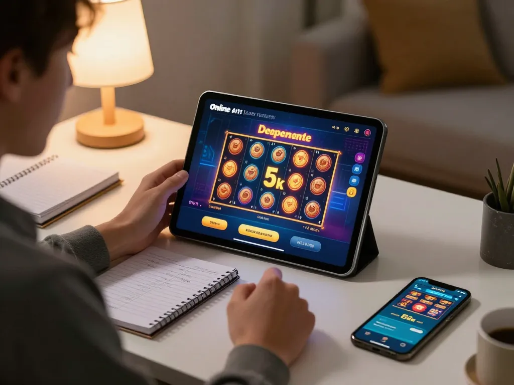Terlibat dalam permainan slot online dengan deposit rendah 5k menggunakan tablet, menunjukkan permainan yang bertanggung jawab.