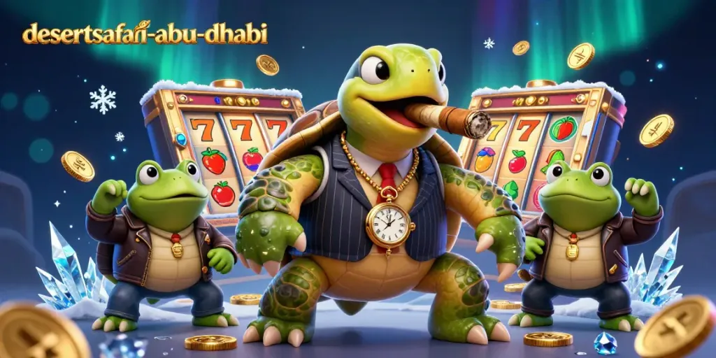 Slot gacor desertsafari-abu-dhabi menampilkan penyu kartun besar dalam suasana kasino.