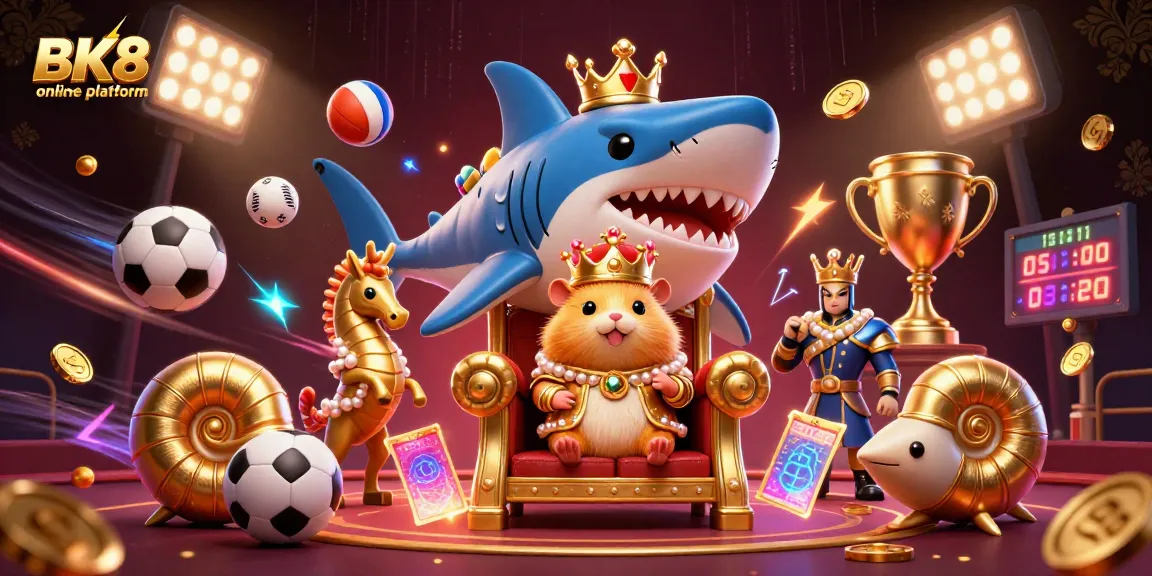 Experience the vibrant BK8 online platform with a golden hamster king in a thrilling casino scene.