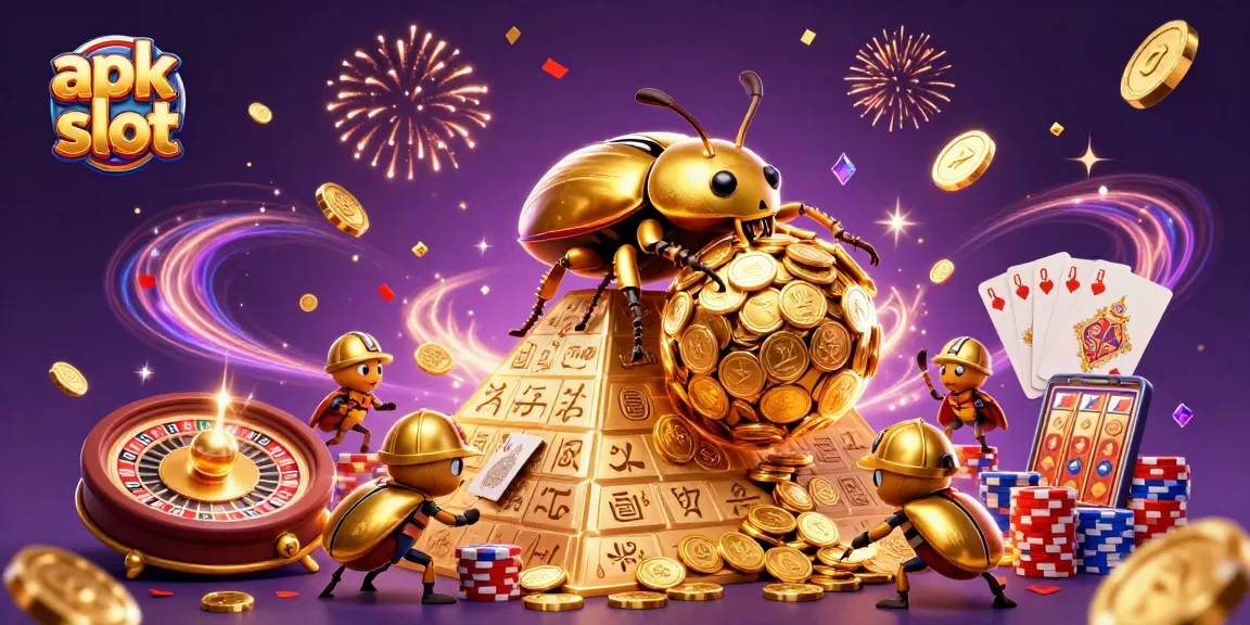 Permainan apk slot yang menampilkan serangga keemasan menggulung koin emas di latar belakang kasino.