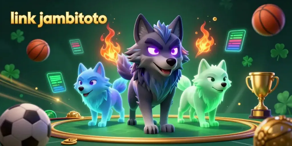 Join the excitement of gambling with link jambitoto in this dynamic 3D illustration featuring wolf characters and sports elements.