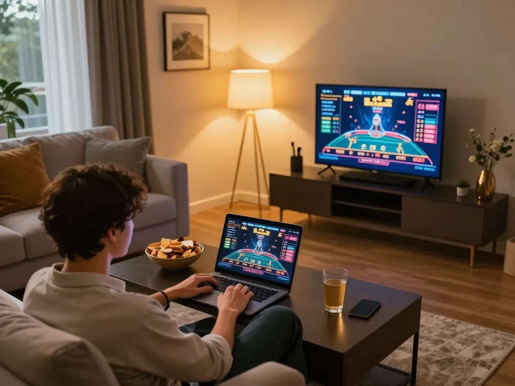 UG88 player enjoying live dealer games on a laptop in a cozy living room setting with snacks and warm lighting.