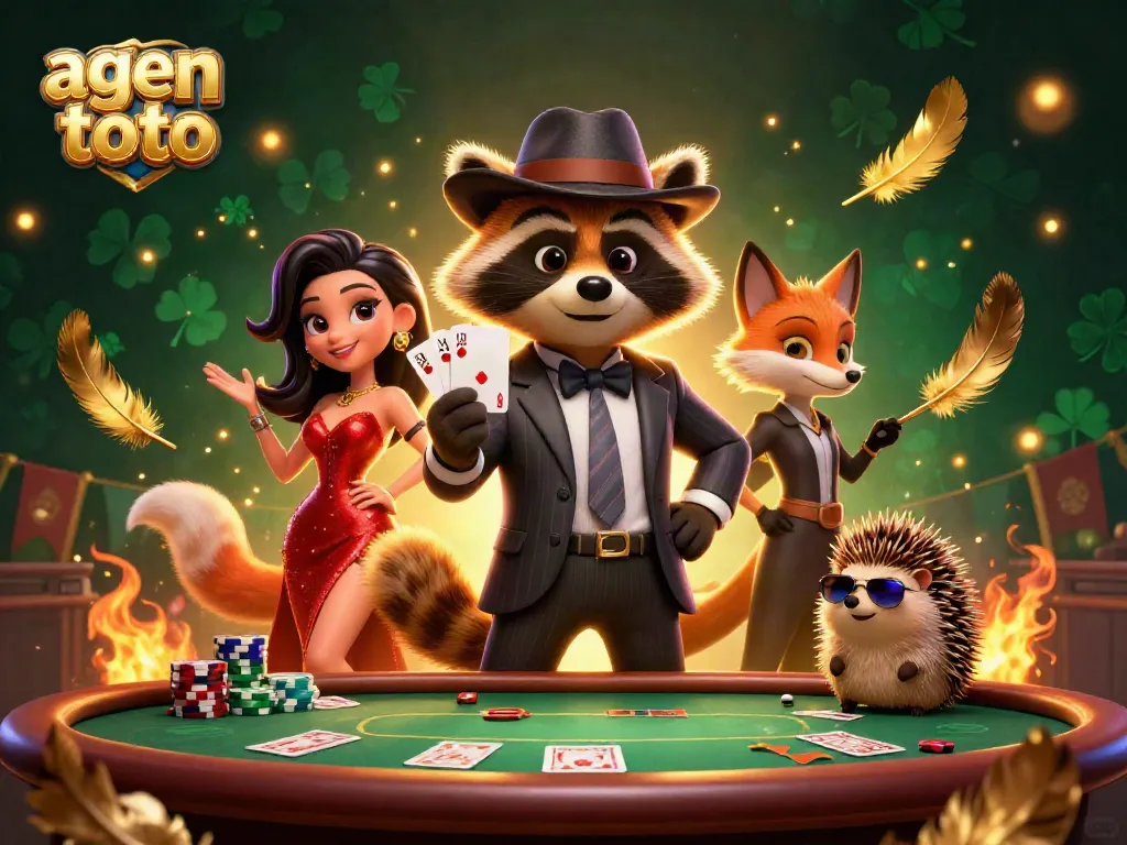 Gambar agen toto menampilkan rakun dan teman-teman bermain poker dengan suasana ceria.