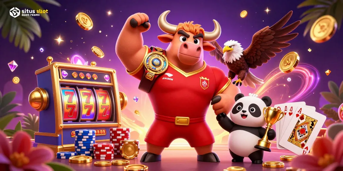 Experience winning at situs slot resmi with colorful slot machine reels, golden trophies, and dynamic casino action.
