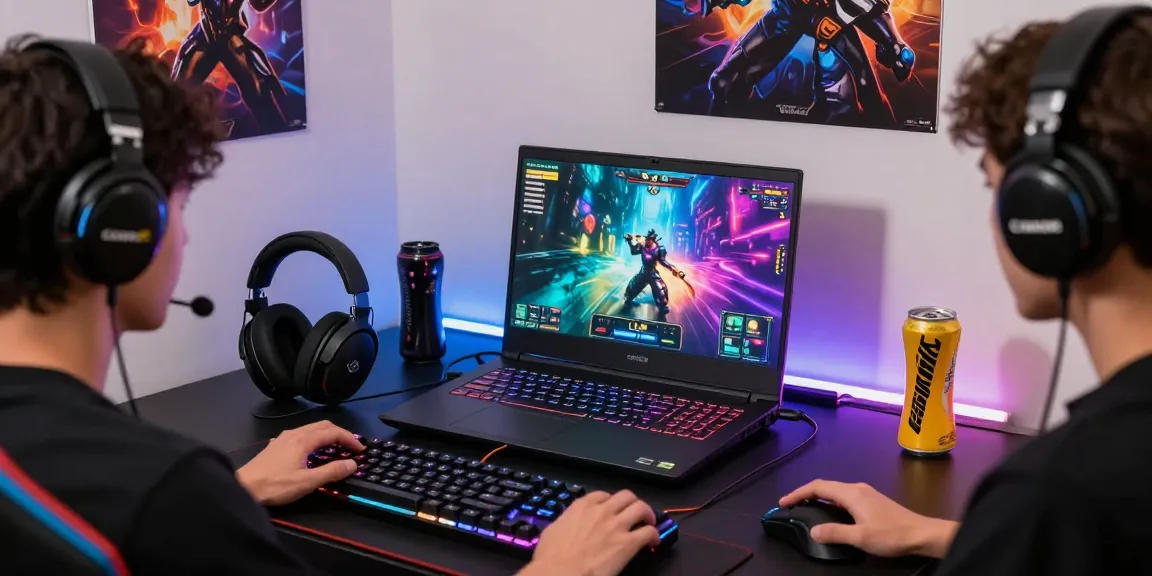 Penggemar bermain game GG Soft dengan laptop gaming dan aksesori di sudut gaming yang stylish.
