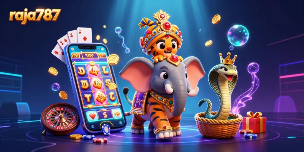 Mainkan slot di raja787 dengan visual mendebarkan menampilkan mahkota dan koin emas.
