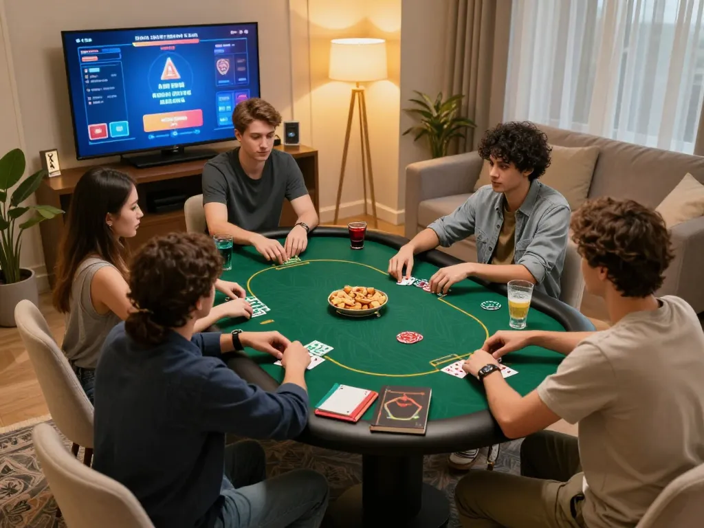VA88 online poker game with friends enjoying strategic gameplay, showcasing a cozy atmosphere.
