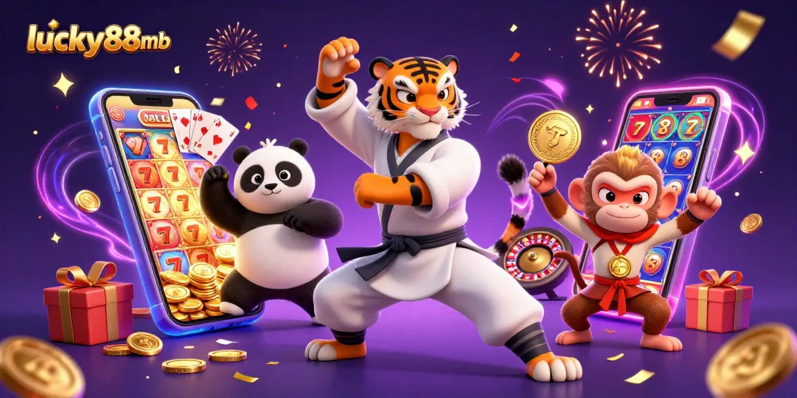 Engage with lucky88mb in a lively scene featuring a kung fu tiger and panda amid casino games.