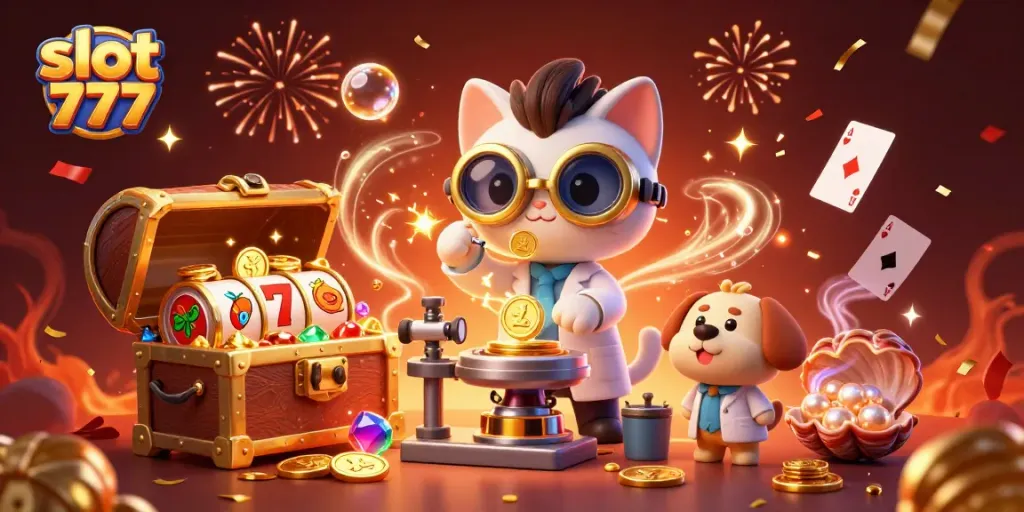 Permainan slot 777 yang menampilkan kucing ilmuwan gila dan anjing di laboratorium menciptakan mesin pengganda koin emas.