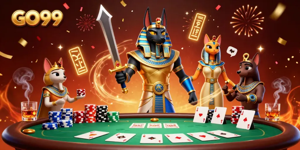 Experience thrilling poker excitement at GO99 with Anubis and Bastet in a vibrant casino scene.