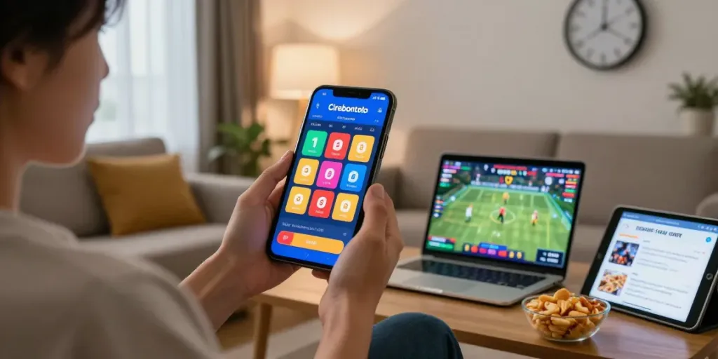 Pengguna situs cirebontoto bermain togel online melalui aplikasi dengan suasana nyaman di ruang tamu.