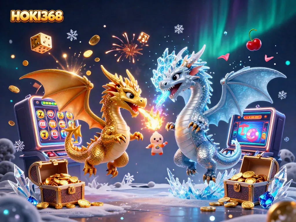 HOKI368 showcases a dazzling slot experience with dragons and jackpot rewards in a vibrant 3D illustration.