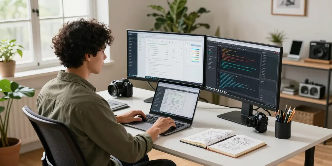 Engaged professional analyzing data and coding at a modern desk in a bright home office, showcasing 'jebol wd' workflow.