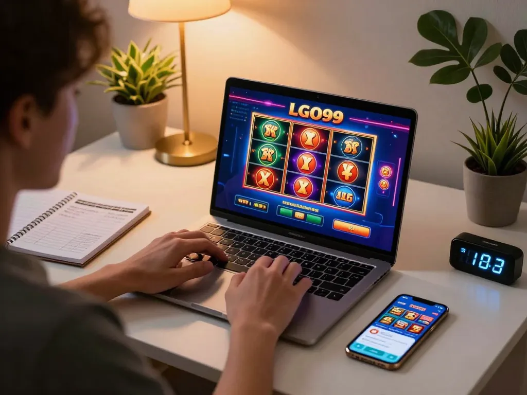 LGO99 player engaging in online casino gaming with a laptop and smartphone in a cozy atmosphere.