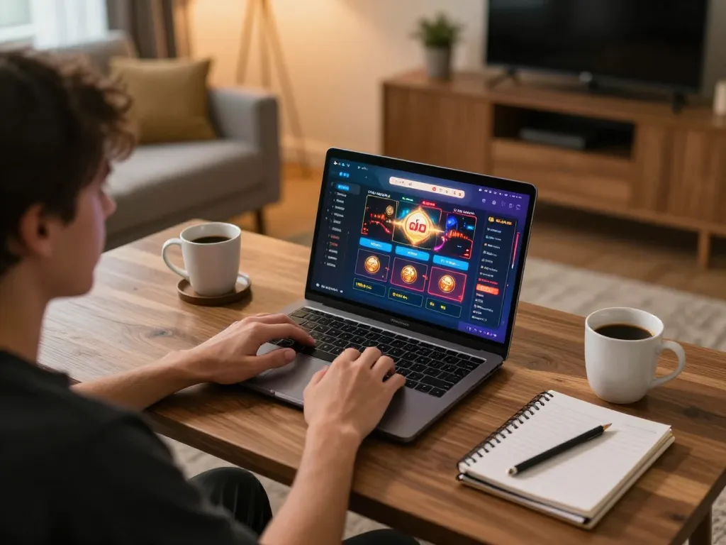 Engaging in online casino gameplay on a laptop showcasing Rikvip apps in cozy living room setup