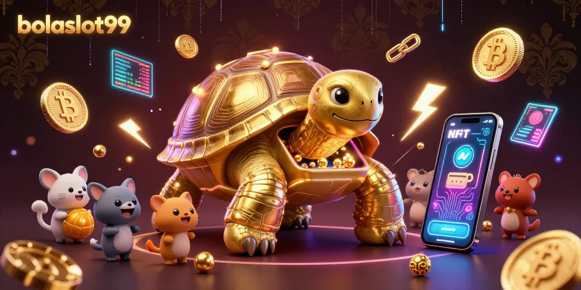 Bolaslot99 elevates gaming excitement with vibrant 3D tortoise pinball scene and crypto elements.