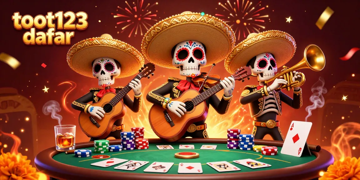 Engage with exciting gameplay on toot123 daftar, featuring 3D mariachi characters amidst vibrant poker elements.