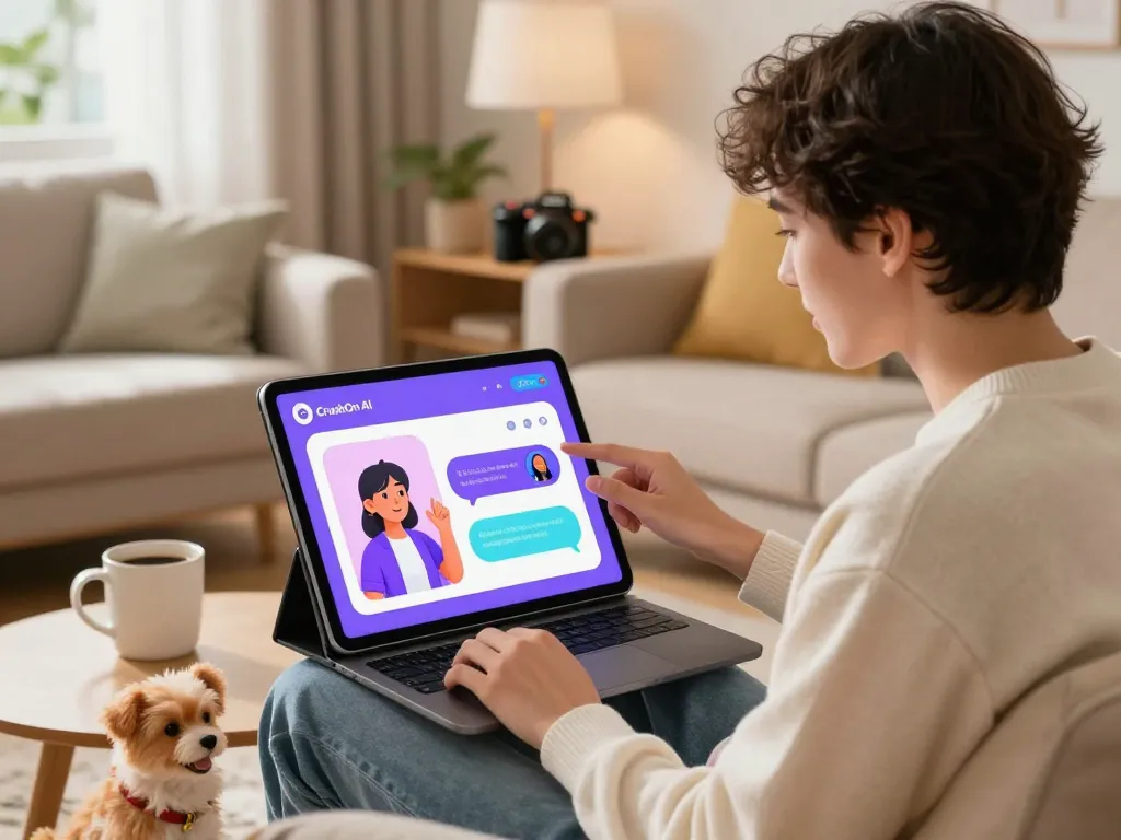 Engaging with CrushOn AI on a tablet at home, showcasing character interactions and modern decor.