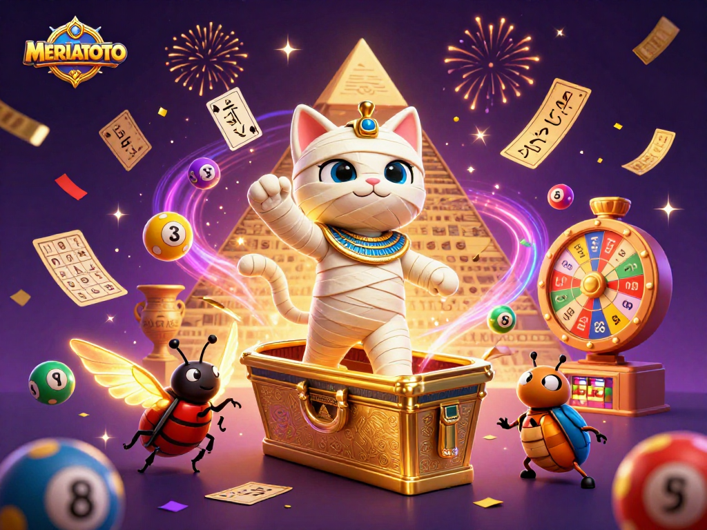 Gambarkan MERIAHTOTO dengan kucing mummy Mesir dan tiket emas dalam suasana kasino