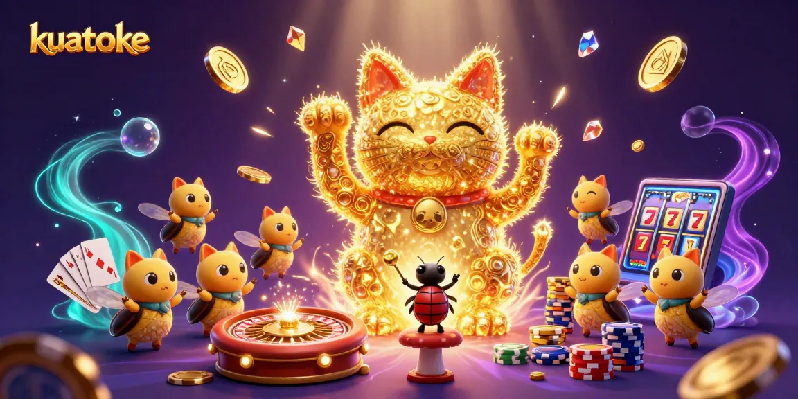 Experience the thrilling atmosphere of kuatoke with 3D characters amidst casino symbols and riches.