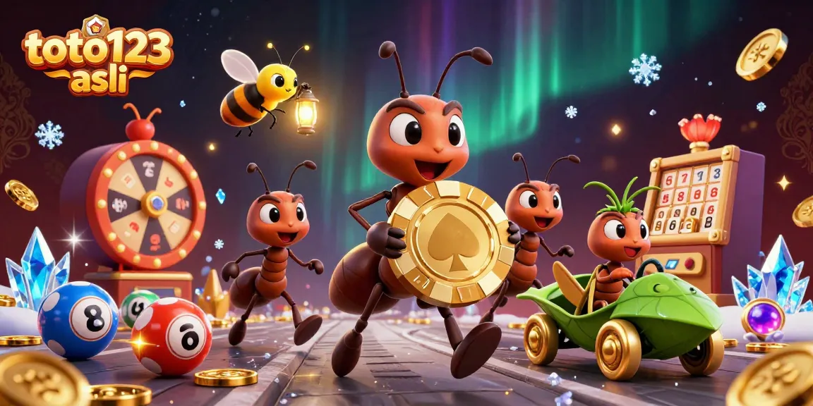 Join the fun with toto123 asli as ants carry a giant poker chip amidst dynamic lottery elements.