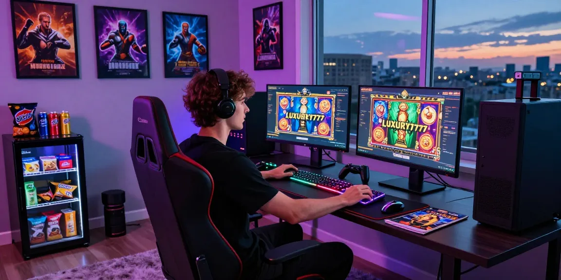 Ruang permainan mewah dengan LUXURY777 yang menampilkan permainan slot, pencahayaan dinamis, dan gamer yang terfokus.