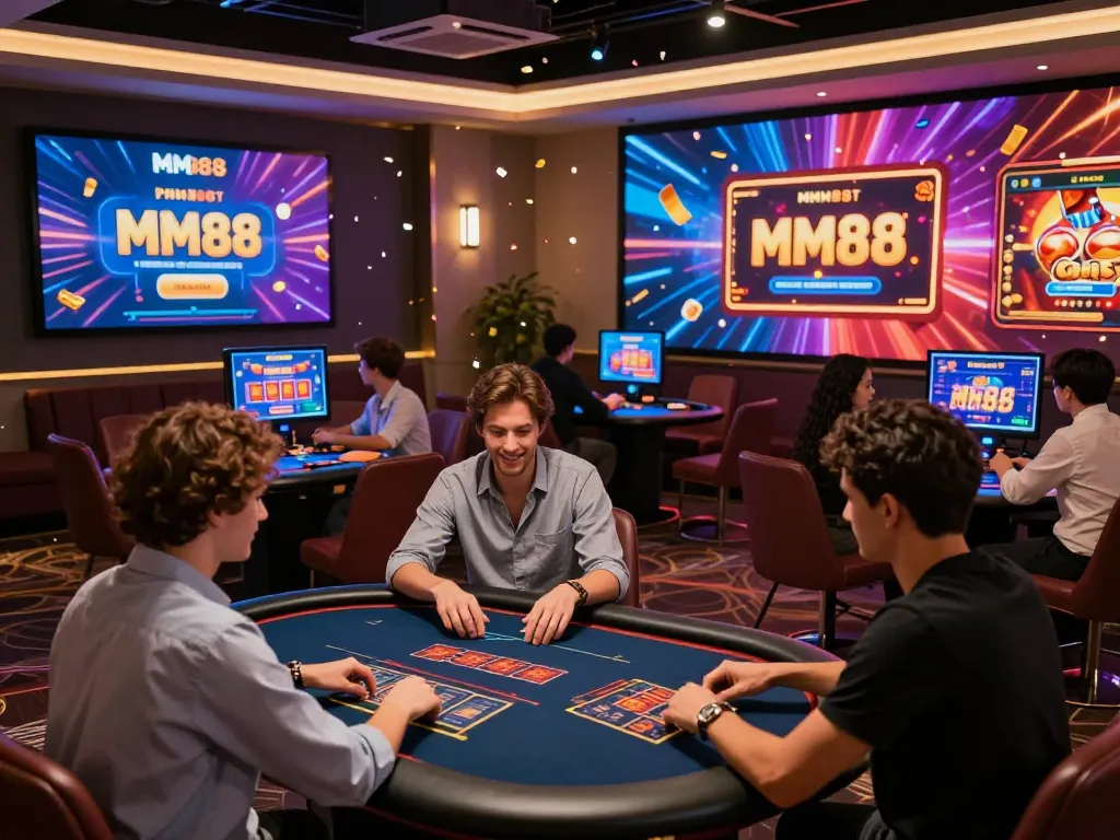 MM88 online casino scene displaying players immersed in digital games with vibrant graphics.