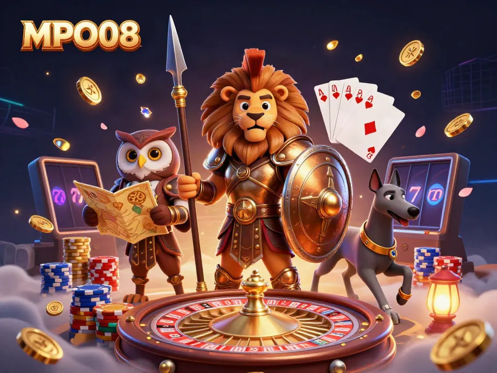 MPO08 showcases a dynamic scene with a Spartan lion, tactical owl, and swift greyhound, surrounded by casino elements.