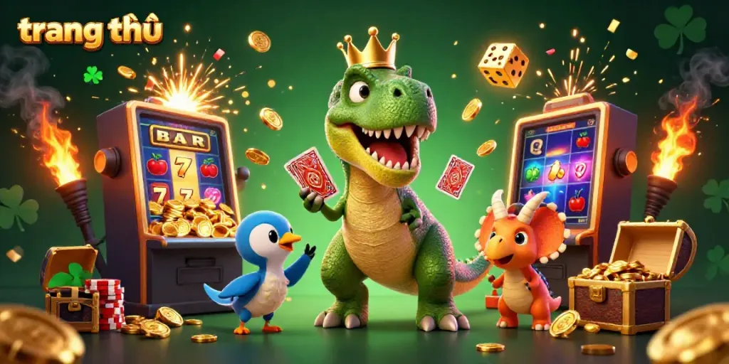 Engaging scene of transt chủ showcasing a fun T-Rex at a vibrant casino table, surrounded by gaming elements.