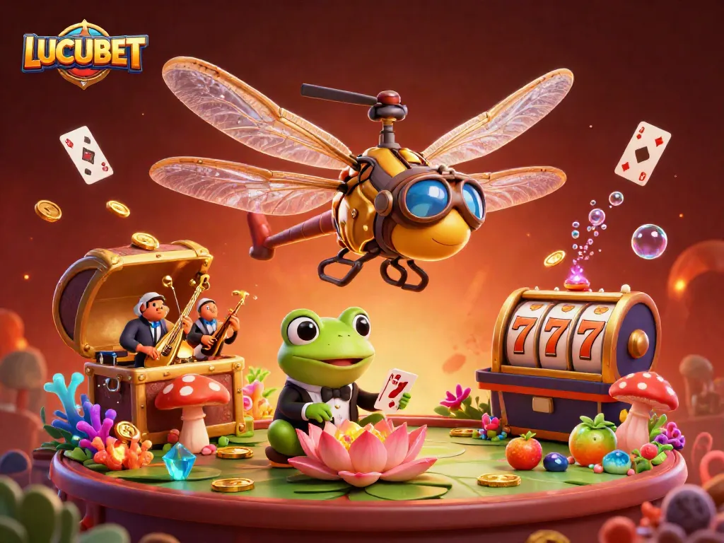 LUCUBET showcases a thrilling casino scene with a dragonfly pilot, frog croupier, and vibrant game elements.