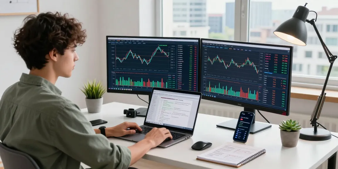 Pengalaman trading UE99 yang inovatif di kantor rumah modern dengan data pasar real-time.