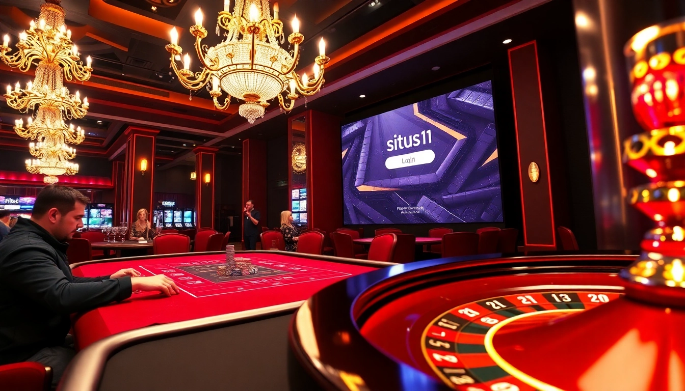 Situs11 login interface showcased in a vibrant casino scene with poker chips and roulette wheel.
