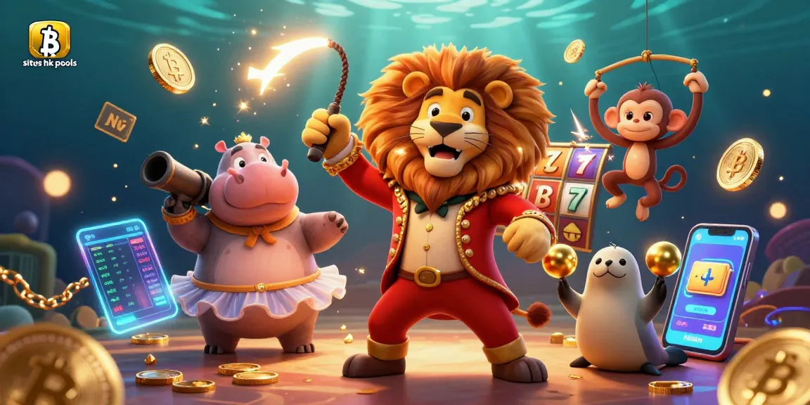 Ilustrasi kasino virtual yang mempesona menampilkan "situs hk pools" dengan karakter hewan bermain penuh semangat.