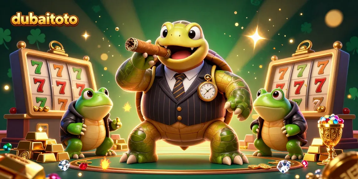 Exciting dubaitoto casino scene with snapping turtle and bullfrog enforcers amidst golden treasures and slot reels.