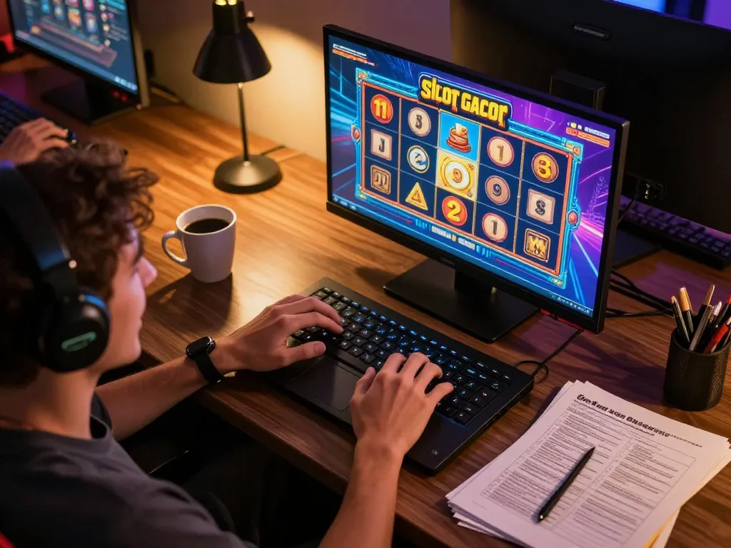 Engaging in Slot Gacor online gaming with vibrant graphics and responsible strategies visible