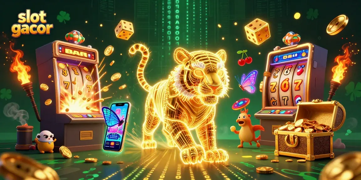 Experience the excitement of slot gacor with dynamic scenes of golden tigers and jackpots exploding in a vibrant casino.