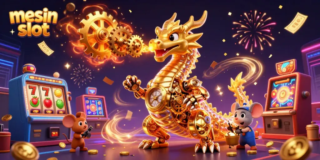 Experience the thrill of mesin slot with a vibrant scene of characters, gears, and slot symbols.