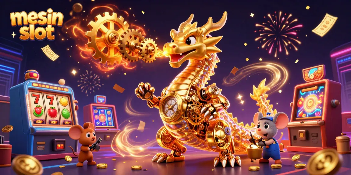 Experience the thrill of mesin slot with a vibrant scene of characters, gears, and slot symbols.
