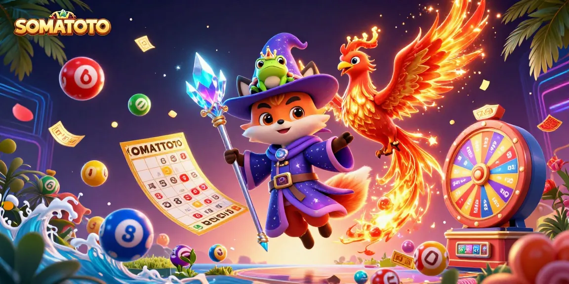 SOMATOTO enchanted slot gaming scene featuring a wizard fox, a phoenix, and dynamic game elements.