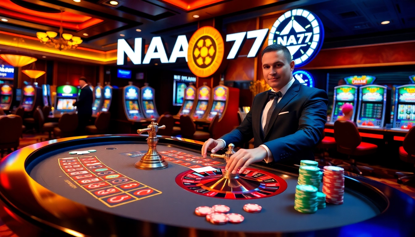 Engaging casino scene featuring NA777 live dealer and roulette table, vibrant and exciting atmosphere.