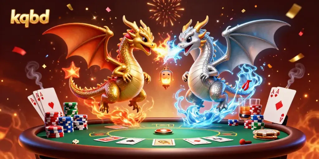 Experience thrilling results with kqbd as twin dragons battle amidst poker elements for an immersive gaming scene.