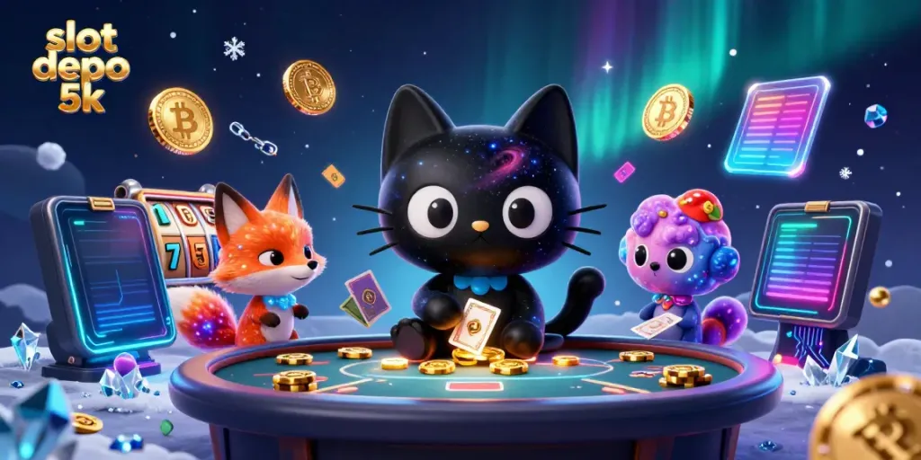 Engage in exciting gameplay at slot depo 5k with a vibrant cosmic casino scene featuring animated characters.