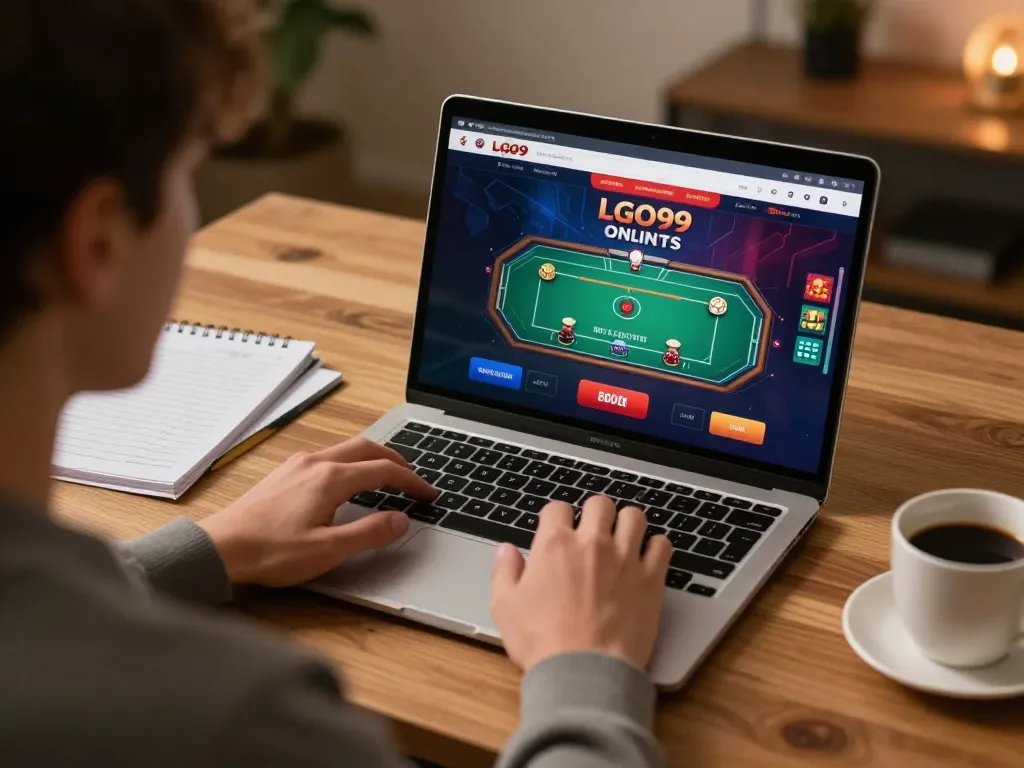 LGO99 player engaged in an online poker game on a stylish laptop, promoting responsible gambling.