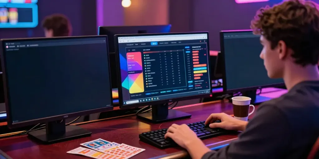 Pemain aktif di situs ratutogel dengan layar penuh warna dan tiket lotere di meja.