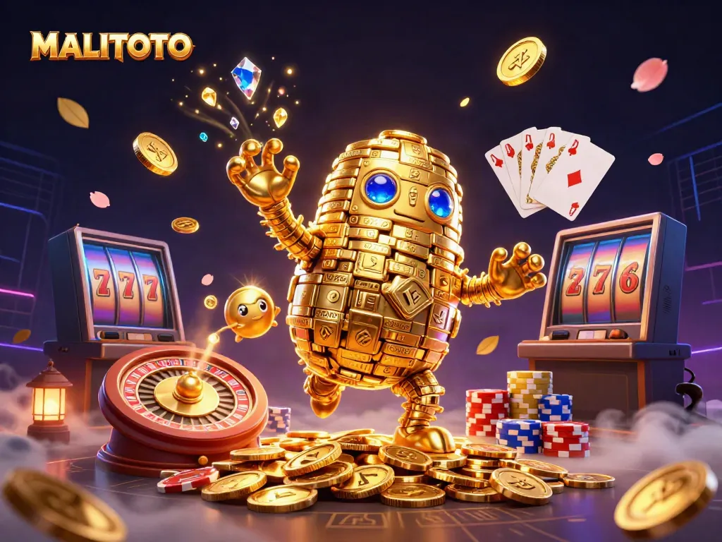 MALITOTO's golden golem conjuring a festive casino atmosphere with sparkling gems and flying coins