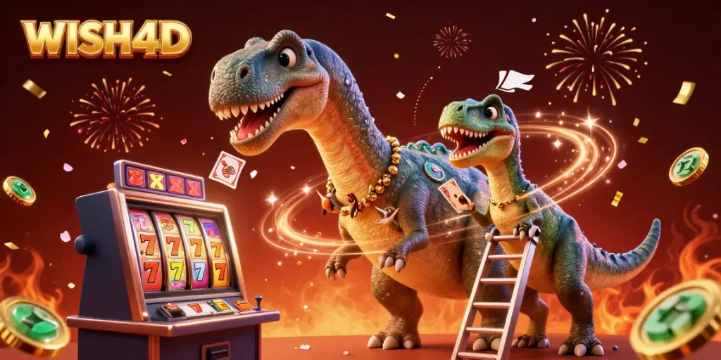 WISH4D enhances gaming thrills with a giant brontosaurus at a bustling slot machine.
